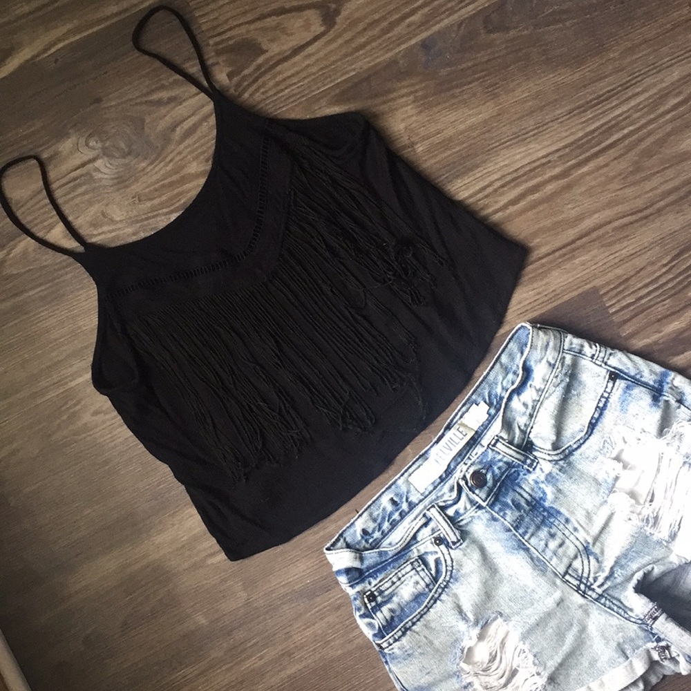 H&M black boho tank with fringe detail